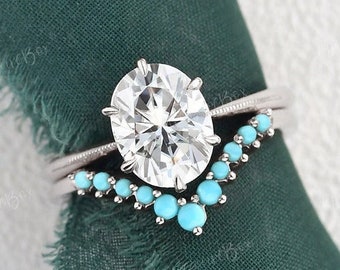 2ct Oval Cut Moissanite Engagement Ring Women Moissanite Rose Gold Bridal Set Solitaire Ring Turquoise Wedding Ring set Prong Claws Promise