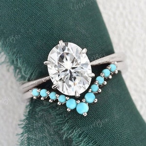 2ct Oval Cut Moissanite Engagement Ring Women Moissanite Rose Gold Bridal Set Solitaire Ring Turquoise Wedding Ring set Prong Claws Promise