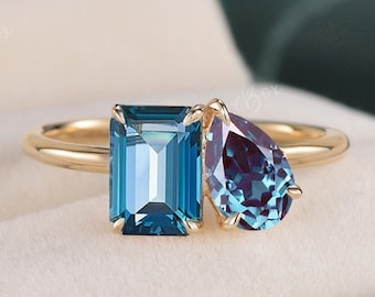 Toi Et Moi Ring London Blue Topaz and Alexandrite Wedding Ring Emerald Cut and Pear Shaped Ring You and Me Birthstone Ring Cocktail Ring