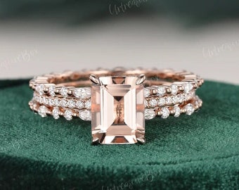 Emerald Cut Morganite Engagement Rings Set Hidden Halo Rose Gold Art Deco Morganite Wedding Ring Set Morganite Bridal Set Eternity Band Ring