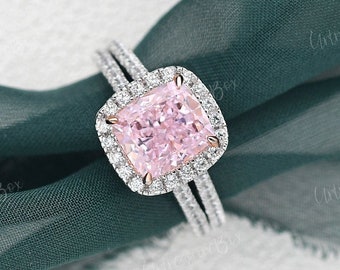 2ct Baby Pink CZ Engagement Ring Simulated Diamond Wedding Ring White Gold Double Band Moissanite Ring Halo Women Unique Engagement Promise