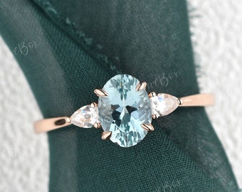 Oval Aquamarine Engagement Ring Rose Gold Three Stone Ring Solitaire Ring Prong Set Classic Ring March Birthstone Ring Unique Promise Ring