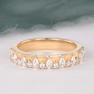 Unique Cluster Moissanite Wedding Band Women Yellow GoldPear Round Band Vintage Art Deco Band Matching Stacking Ring Promise Anniversary