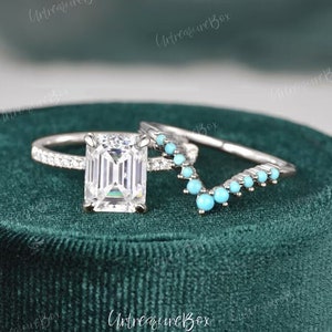 Hidden Halo 2.5ct Emerald Cut Moissanite  Engagement Ring Set Solitaire Rose Gold Bridal Set Turquoise Wedding Band Stacking Ring Women Gift