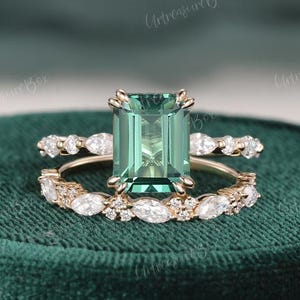 Unique Emerald Cut Green Sapphire Engagement Ring Set Yellow Gold Hidden Halo Bridal Set Natural Wedding Ring Set 2PCS Cluster Marquise Band