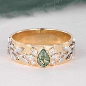 Natural Inspired Men Wedding Band Moss agate Art Deco Leaf Branch Vines Design Wedding Ring Men Anniversary Custom Rings For Men Two Tones