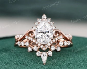 Vine Pear Shape Moissanite Wedding Set Vintage Moissanite Engagement Ring Set Infinity Rose Gold Unique Brilliant Halo Ring Bridal Set Women