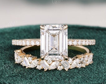 Engagement Ring Emerald Cut Moissanite Ring Unique Hidden Halo Ring Yellow Gold Vintage Cluster Bridal Set Emerald Cut Wedding Ring Set