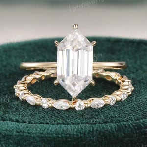 Elongated Hexagon Cut Moissanite Engagement Ring Set Gold Unique Bridal Set Dainty Cluster Marquise Ring Promise Ring Anniversary Gift