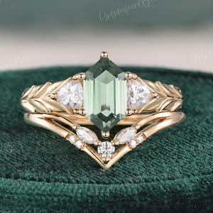 Inspired Hexagon Cut Green Sapphire Engagement Ring Solid Gold Natural Leaf Green Sapphire Ring Wedding Ring Promise Rings Anniversary gift