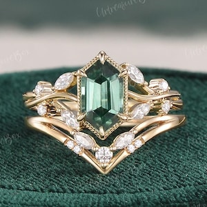 Natural Inspired Green Sapphire engagement Ring Set Hexagon Cut Ring Yellow Gold Wedding Ring Set Bridal Set Women Art Deco Anniversary Gift