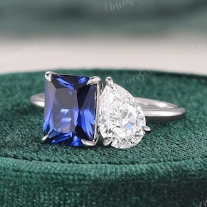 Toi Et Moi Pear Lab Grown Diamond Radiant Cut Blue Sapphire Engagement Ring White Gold You And Me Two Stone Wedding Ring Promise Ring Gift