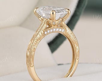 Victorian Emerald Cut Moissanite Engraved Engagement Ring Unique Lotus Setting Hidden Halo Flower Carved Vintage Bridal Wedding Women Ring