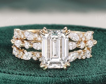 3CT Emerald Cut Lab Grown Diamond Engagement Ring Set Solid Gold Unique Wedding Ring Set Stacking Hidden Halo Bridal Set Promise Ring Women