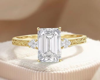 3 kt Emerald Cut Lab Grown diamanten verlovingsring massief geel goud gegraveerde trouwring Victoriaanse belofte ringen voor vrouwen wijnstok ring