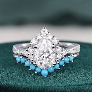 Cluster Moissanite Bridal Ring Set Rose Gold Vintage Pear Moissanite Engagement Ring Antique Ring Unique Turquoise Wedding Band Promise Ring