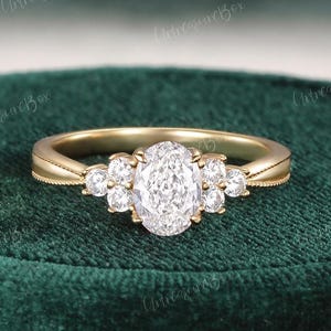 Oval Cut Lab Grown Diamond Engagement Ring IGI Certified Diamond Yellow Gold Ring Cluster Diamond Wedding Ring  Three Stone Anniversary Ring