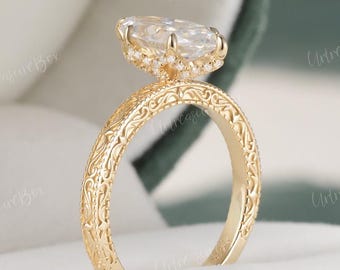 Vintage Marquise Moissanite Engagement Ring Nature Inspired Vine Engraved Wedding Ring Floral Hidden Halo Gold Promise Ring Anniversary