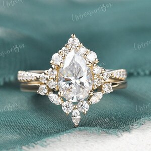 IGI Lab Grown Diamond Ring Set Cluster Pear Diamond Engagement Ring Rose Gold Vintage Diamond Wedding Bridal Set Art Deco Promise Ring Women
