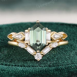 Unique Hexagon Cut Green Sapphire engagement Ring Set Yellow Gold Wedding Ring Set Green Sapphire Bridal Ring Set Anniversary Promise Ring