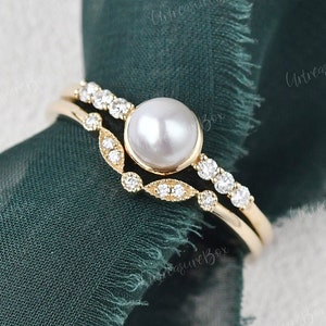 Natürlicher Akoya Perlen Verlobungsring Set Rosegold Perle Brautring Set Solitär Ring Unikat Stapelring Vintage Ehering Set Juni
