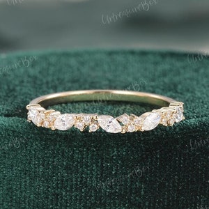 Cluster Marquise Wedding Band Women Yellow Gold Marquise Moissanite Curved Wedding Band Bridal Ring Promise Ring Unique Anniversary Gift