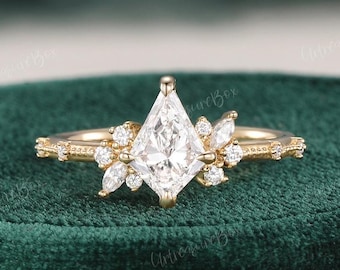 Cluster Kite Cut Lab Grown Diamond Engagement Ring Yellow Gold Diamond Wedding Ring Unique Diamond Ring Milgrain Promise Anniversary Ring