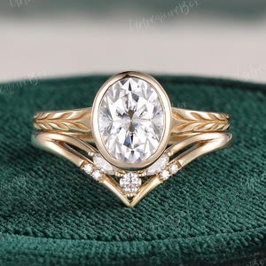 Unique Bezel Set Oval Cut Moissanite Engagement Ring Set Solid Gold Wedding Ring Set Inspired Leaf Bridal Set Women Promise Anniversary Gift