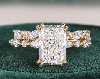 3CT Elongated Radiant Cut Lab Grown Diamond Engagement Ring Set 14K Gold Ring Bridal Set Unique Marquise Diamond Double Prongs Wedding Ring