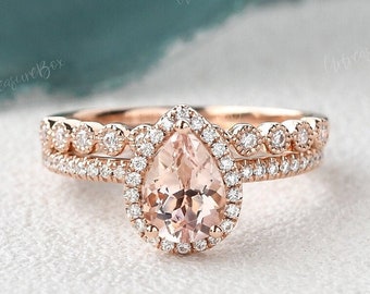 Vintage Morganite Morganite Engagement Ring Set Rose Gold Pear Natural Morganite Bridal Set Halo Wedding Rings Women Unique Promise Rings