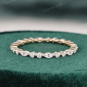 Vintage Moissanite Wedding Band Full Eternity Marquise Cut Moissanite Band Yellow Gold Unique Bridal Matching Stacking Band Anniversary Ring