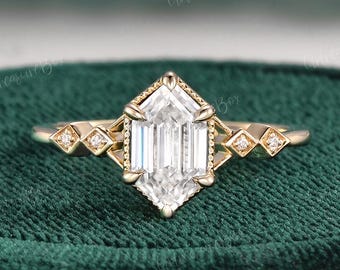 Anillo de compromiso de moissanita con corte hexagonal largo, anillo de bodas Art Deco de moissanita de oro amarillo macizo único, anillo de promesa para mujer, regalo de aniversario