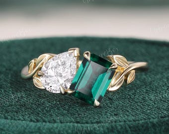 Unique Toi Et Moi Engagement Ring Nature Inspired Leaf Engraved Lab Grown Diamond Emerald Two Stones Ring Custom Birthstone Promise Ring