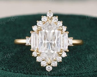 Unique Dutch Marquise Cut Moissanite Engagement Ring Cluster Halo 14k Filigree Yellow Gold Art Deco Rectangle Side Stone Ring Bride Gift