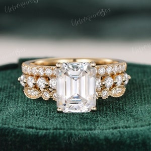 Emerald Cut Moissanite Engagement Ring Set 14K Yellow Gold Bridal Set Art Deco Hidden Halo Wedding Ring Vintage Stacking Rings Anniversary image 8