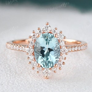 Unique Aquamarine Engagement Ring Rose Gold Floral Halo Vintage Ring Bridal Ring Oval March Birthstone Snowflake Ring Half Eternity Promise