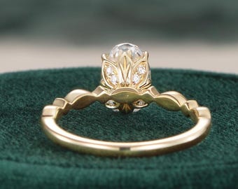 Vintage Lotus Engraved Oval Moissanite Engagement Ring Dainty Hidden Halo Flower Setting 14k Solid Gold Victorian Wedding Women Promise Ring