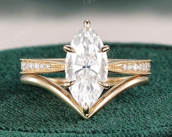 Vintage 2ct Marquise Moissanite Engagement Ring Set Yellow Gold Unique Marquise Diamond Wedding Ring Set Bridal Set Promise Ring Anniversary