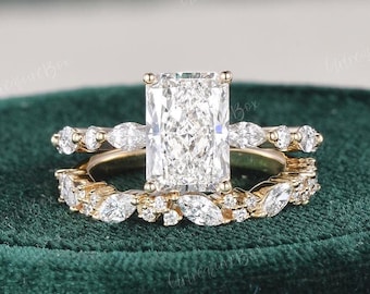 Anillo de compromiso de 2 quilates con diamantes cultivados en laboratorio y corte radiante, en oro amarillo, con halo oculto, anillo de banda con diamantes marquesa, conjunto nupcial único, regalo