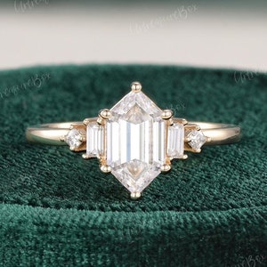 Art deco Hexagon cut Moissanite Engagement ring Unique Yellow gold Minimalist Moissanite Cluster Ring Women Gift for her Promise Ring