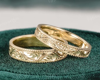 Vintage Engraved Pattern Wedding Band Solid Gold Couple Ring Set