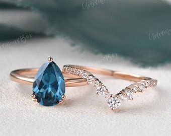 Pear Shape London Blue Topaz Bridal Ring Set Rose Gold Classic Ring Set Topaz Engagement Ring Set Art Deco Unique Wedding Band Anniversary