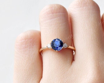 Lab Sapphire Ring Engagement Ring Rose Gold Three Stones Ring Diamond Moissanite Wedding Ring 6 Six Prongs September Blue Birthstone Gift
