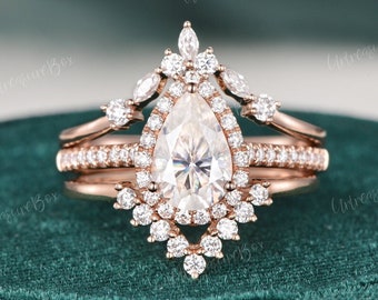 3pcs Pear Shape Moissanite Bridal Set Rose gold Moissanite engagement ring set Vintage Marquise wedding band Art deco wedding rings Promise