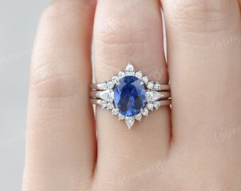 Lab Sapphire Engagement Ring Set Vintage Bridal Set Oval Sapphire Ring Art Deco Wedding Band September Birthstone Unique Ring Set Promise