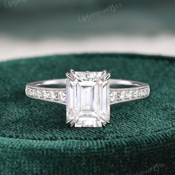 Moissanite Engagement Ring Emerald Cut White Gold Double Claws Unique Moissanite Wedding Ring Antique Milgrain Beaded Edge Ring Promise Ring