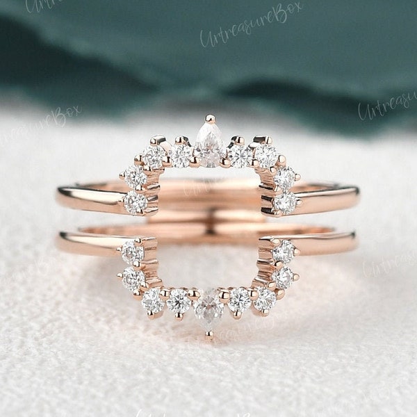 Dubbele trouwringen, 14k Rose Gold Ring, aangepaste trouwring, kooi trouwring, peervorm Moissanite band, clusterring, ringversterker