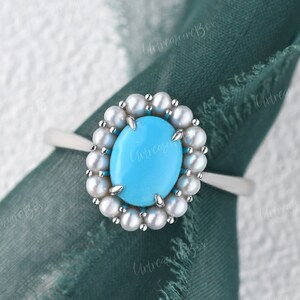 Natural Turquoise Engagement Ring Oval Turquoise Ring White Gold Women Pearl Halo Unique Ring Blue Gemstone December Birthstone Anniversary