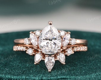 Pear Moissanite engagement ring set vintage unique Rose gold engagement ring For women Marquise Diamond wedding Bridal Anniversary gift Ring