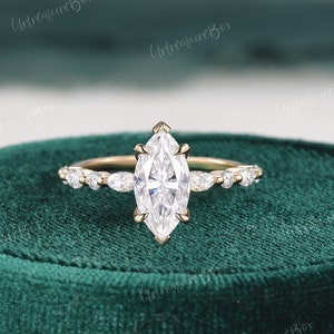 Unique Marquise Moissanite Engagement Ring Hidden Halo Yellow Gold Marquise Band Claw Prongs Art Deco Promise Ring Anniversary Ring Gift